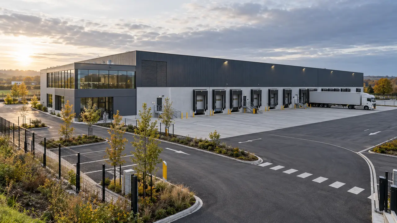 Bâtiment logistique et accès techniques pour illustrer l’immobilier industriel.