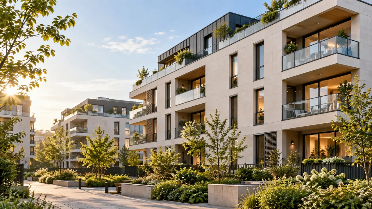 Résidence contemporaine paysagée pour illustrer l’immobilier neuf.