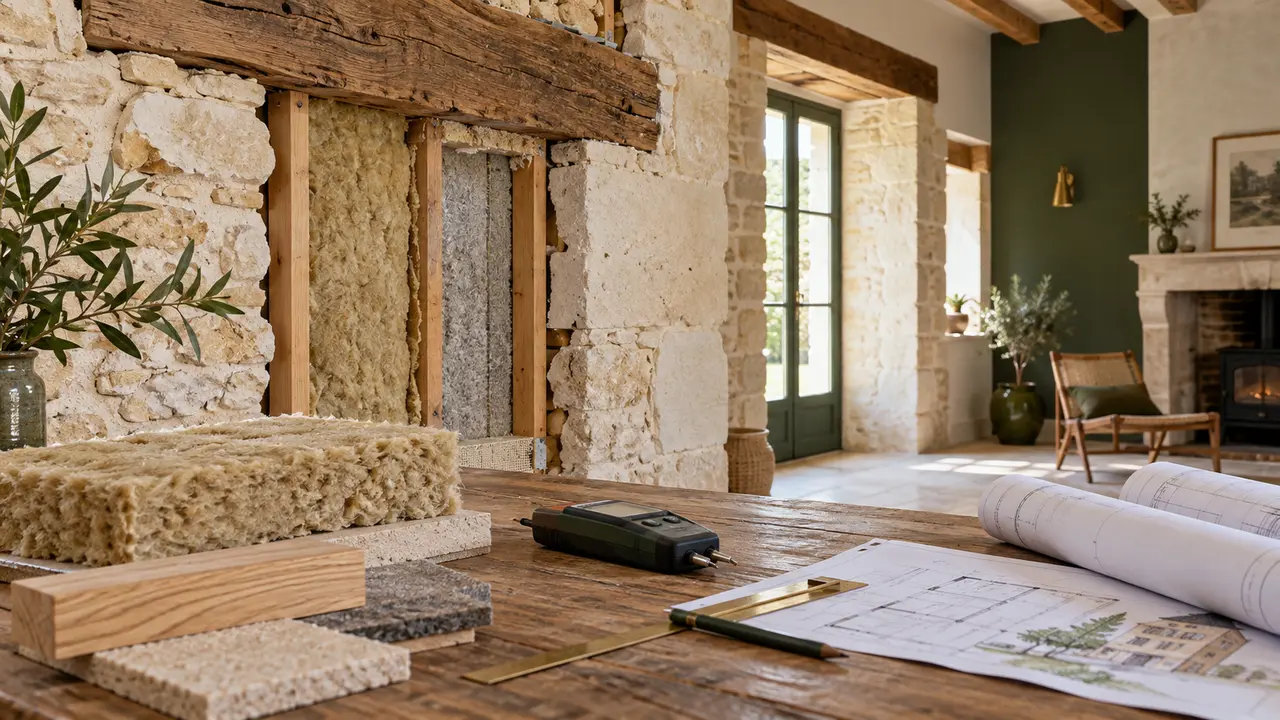 Matériaux et relevés techniques pour illustrer une rénovation du bâti ancien.