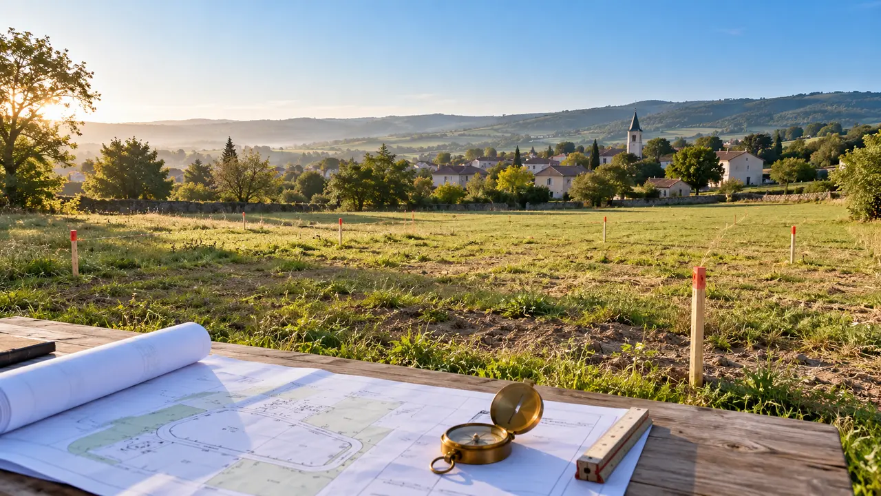 Terrain et plan de projet pour illustrer les vérifications foncières et d’urbanisme.